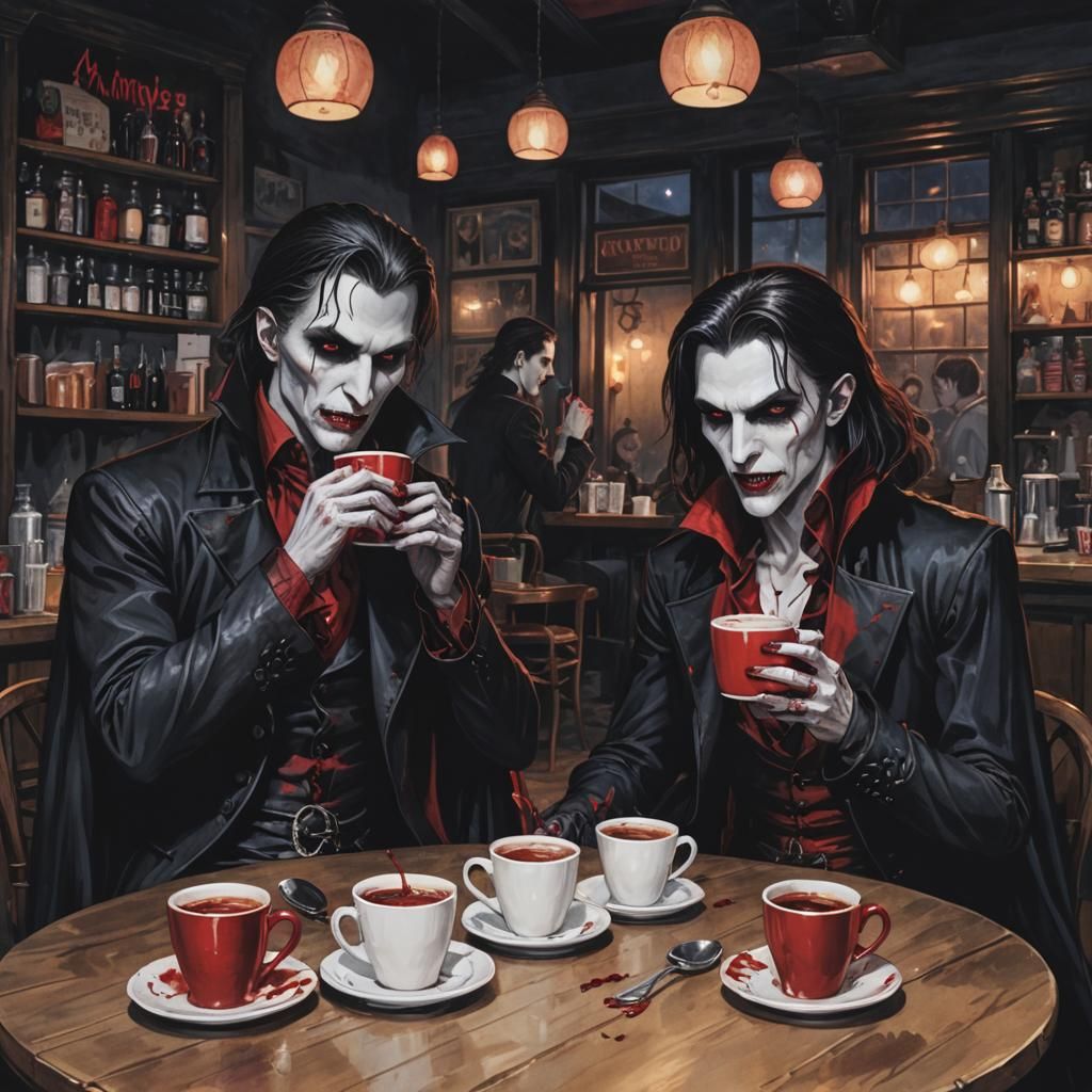 Vampires Enjoying Coffee in a Night Cafe