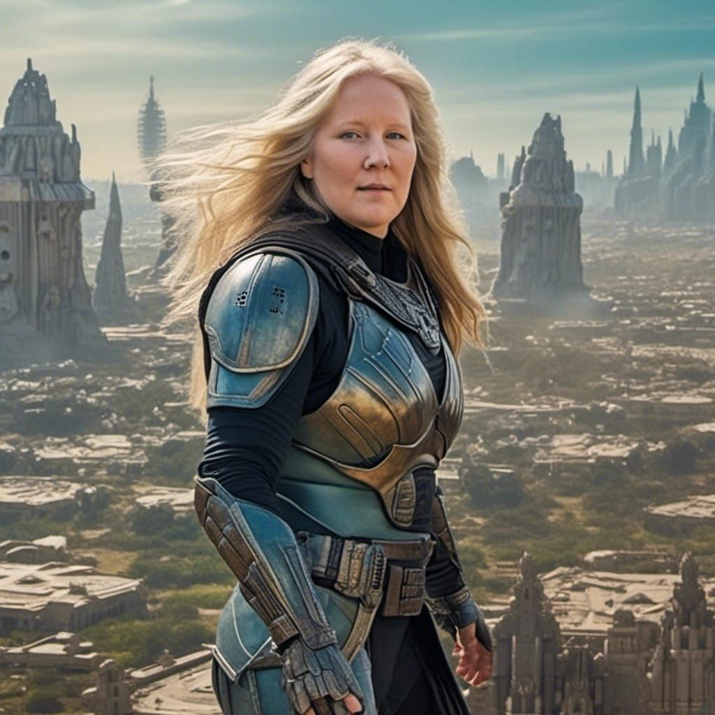 Blonde Mandalorian Armor Over Alien City