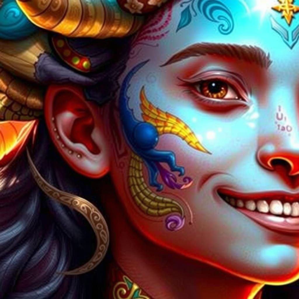 Whimsical Triceratops-Human Hybrid Smiles in Lush Greenery