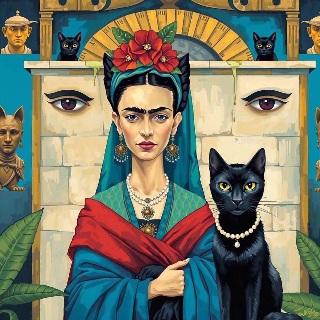 Frida Kahlo Portrait with Black Cat in Surrealist Style