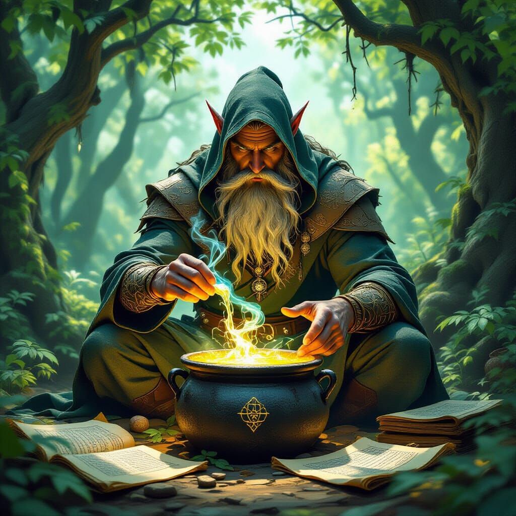 Hyperdetailed Druid Brews Magical Potion in Forest Clearing