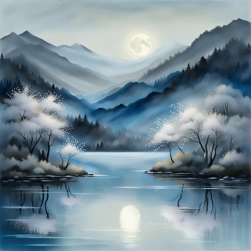 Japanese Lake Landscape with Silver Trees, Fine Art