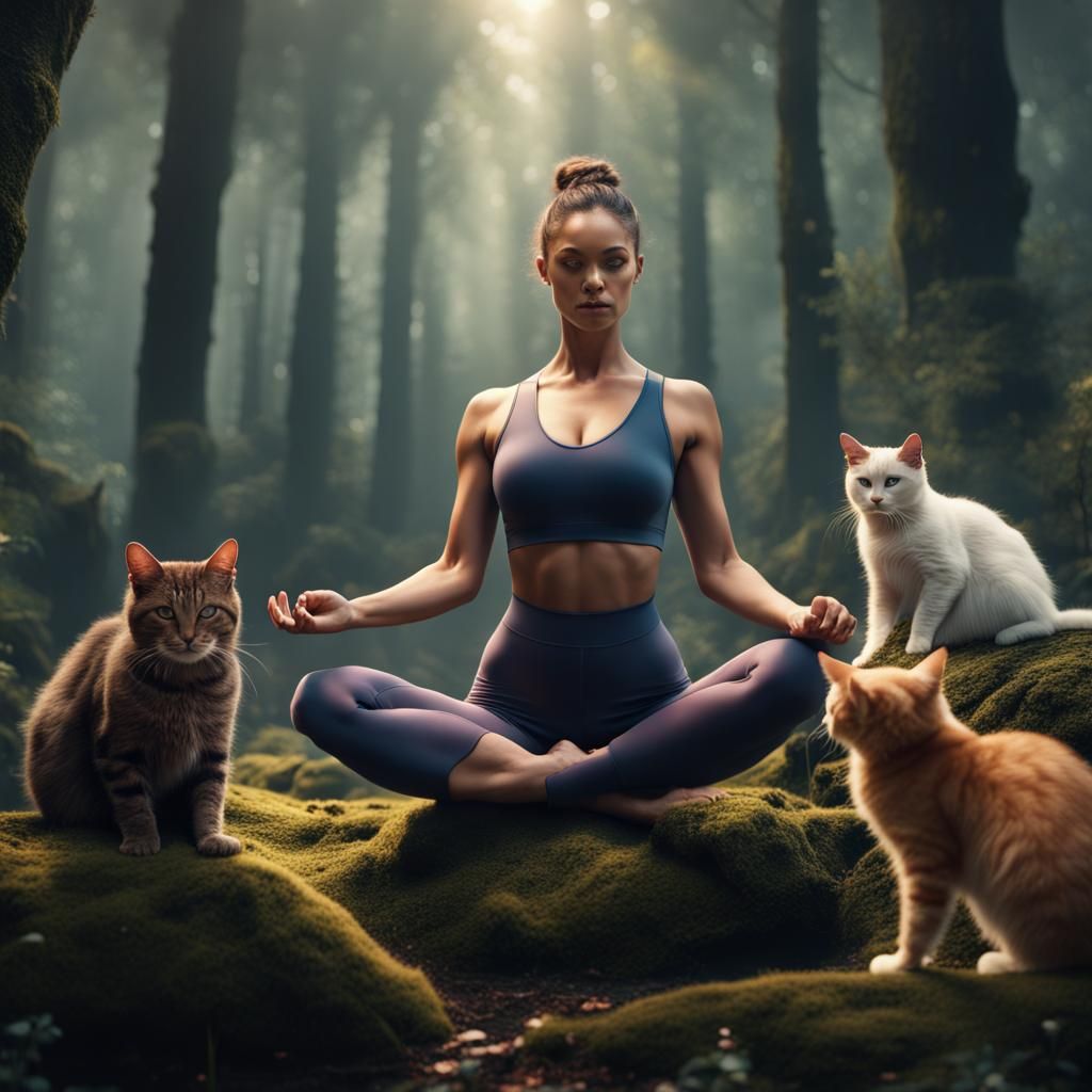 Yoga Woman and Cats in Detailed Forest Art