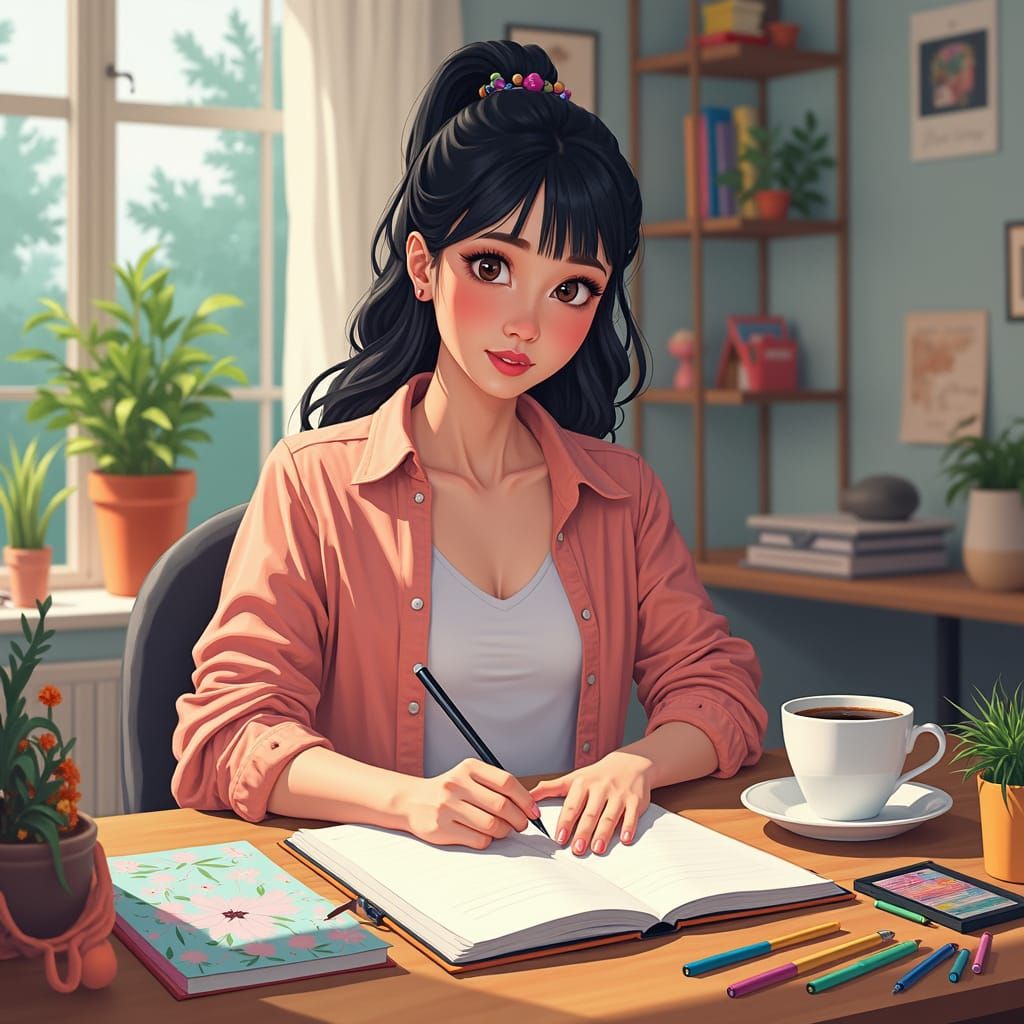 Cozy Home Office: Woman Planning, Digital Painting