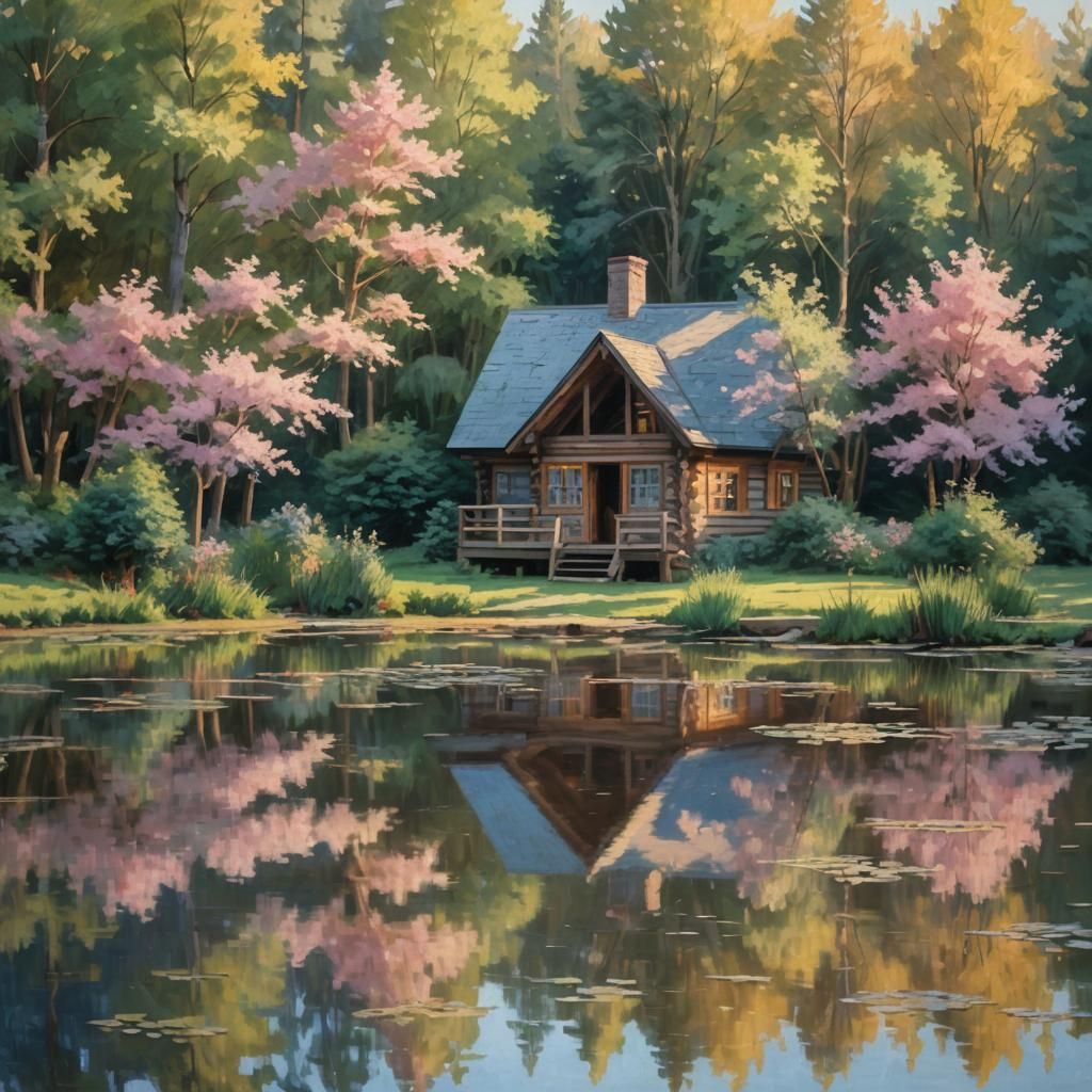 Impressionist Log Cabin in Woods Reflection