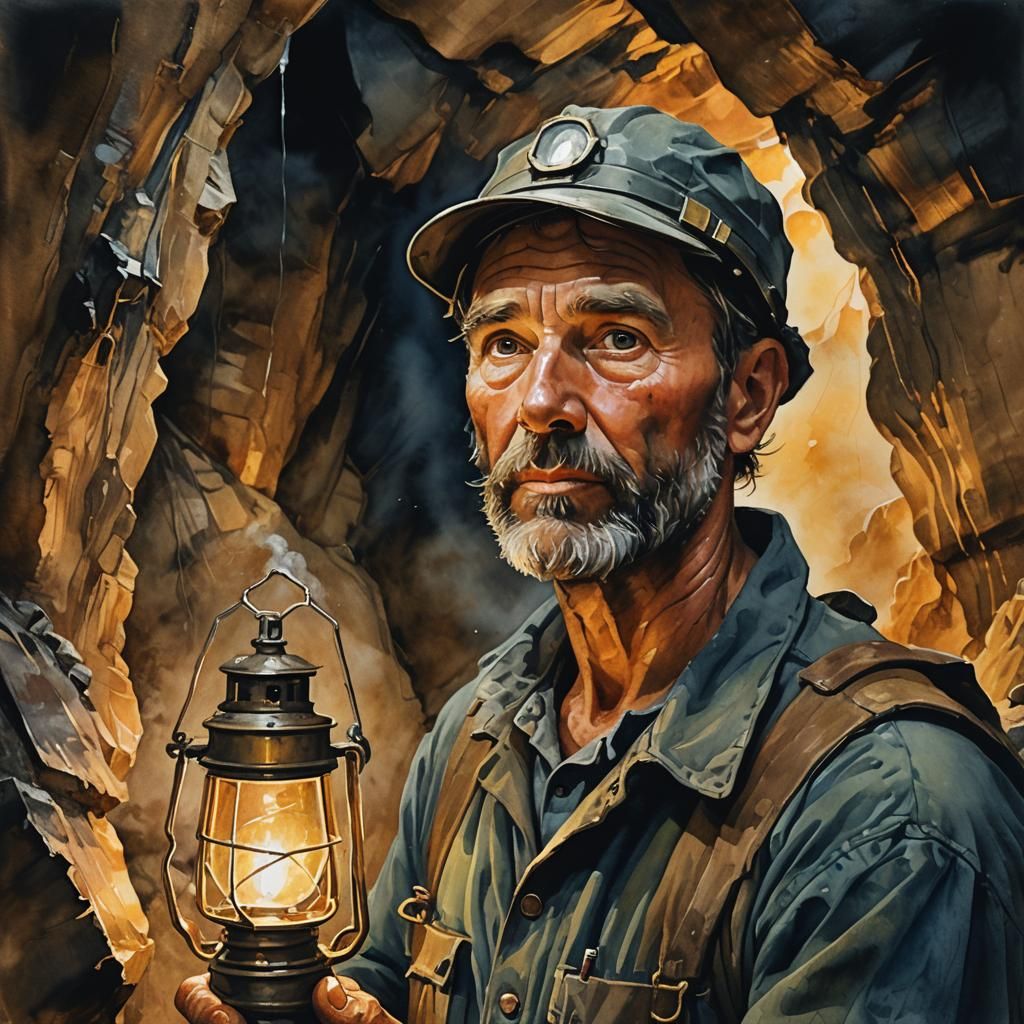 Miner with Lamp in Cave: Gouache Watercolor Masterpiece