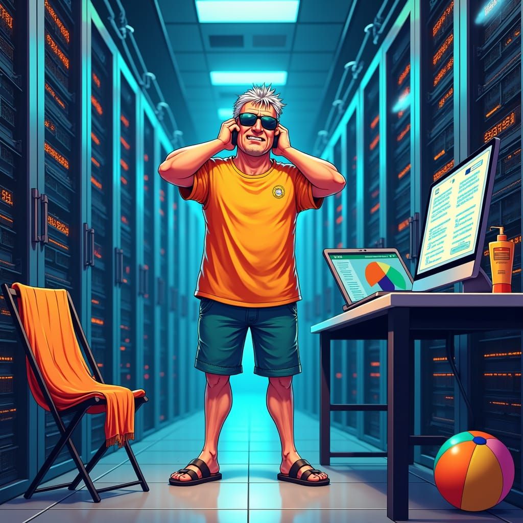 Stressed IT Pro in Data Center, Ash Thorp Style