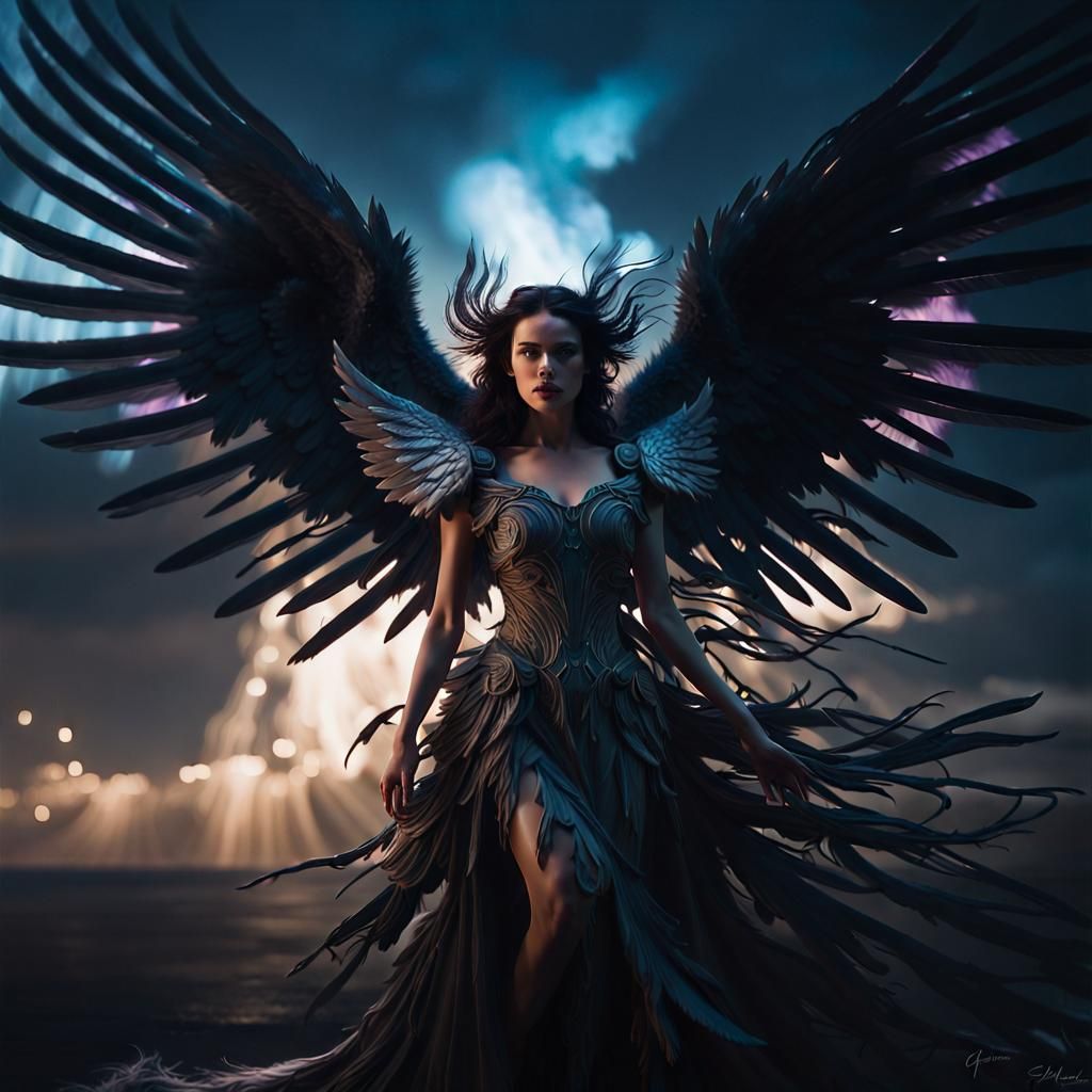 Dramatic Dark Angel Portrait with Iridescent Wings