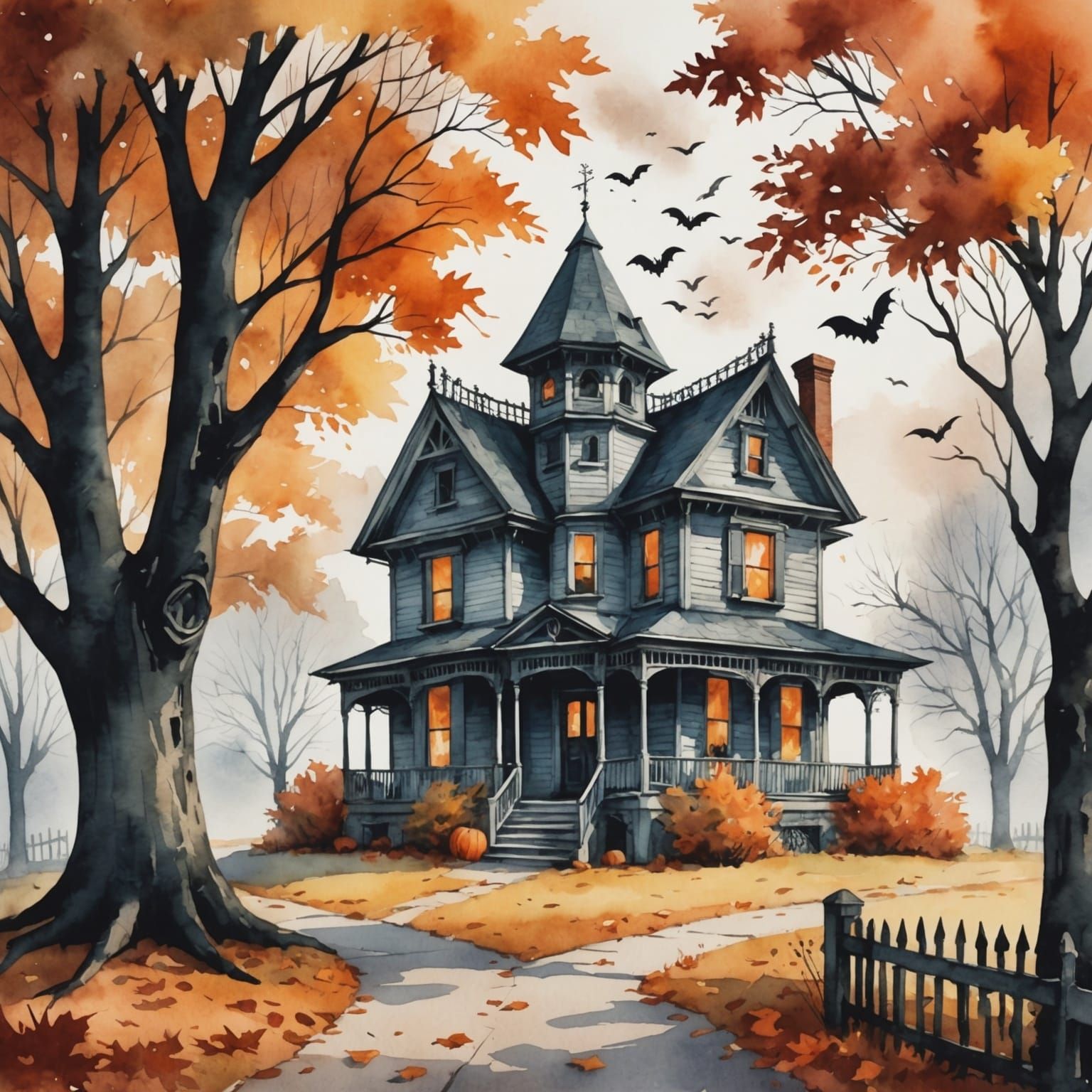 Haunted House Poster in Watercolor Style