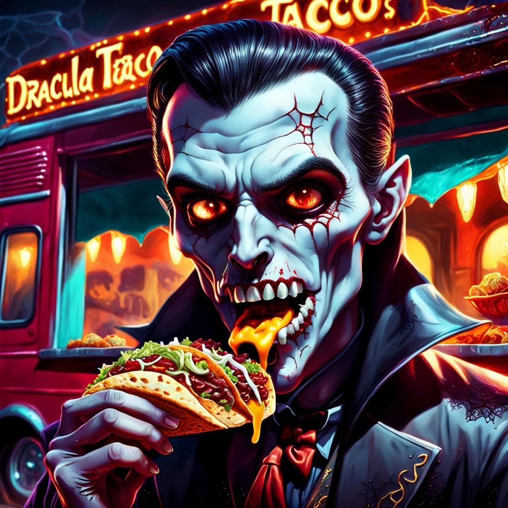 Young Dracula Eats a Taco in Haunted Setting