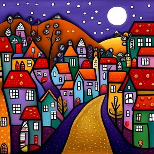 Charming Village Scene in Folk Art Style