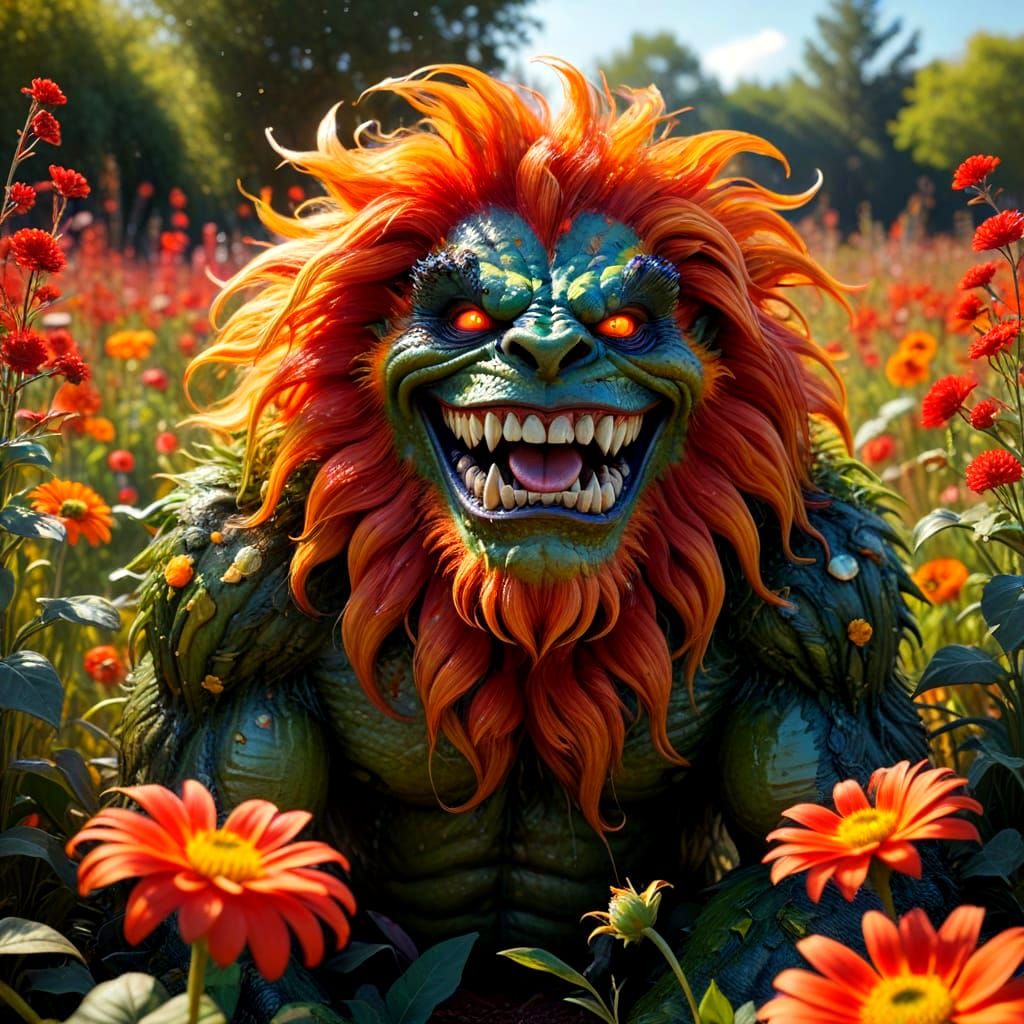 Adorable Fiery Monster in Red Flower Field