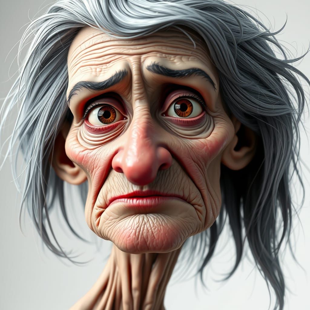 Pixar-Style 3D Portrait of a Sad Old Woman