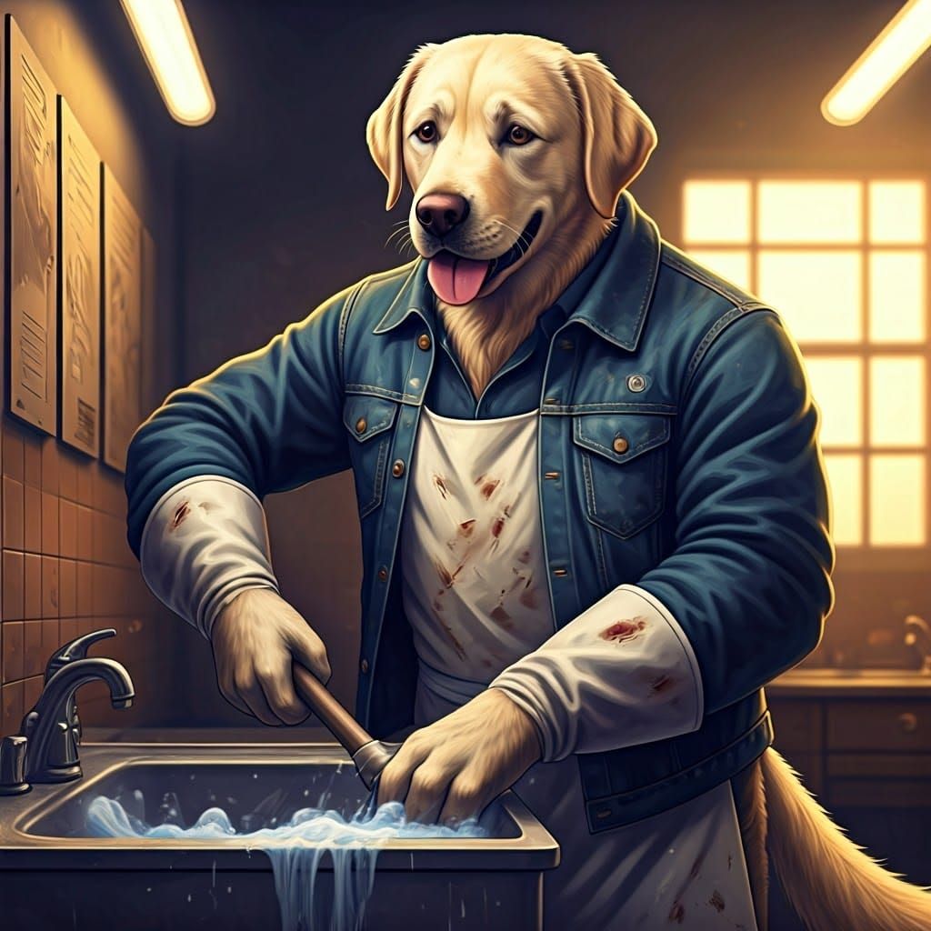 Labrador Janitor Cleans Sink in Manga Style