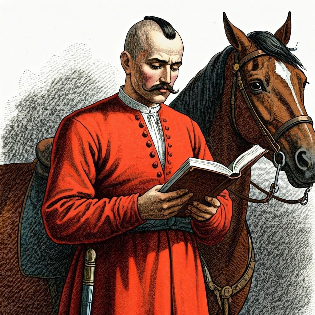 17th Century Cossack Reading by a Horse