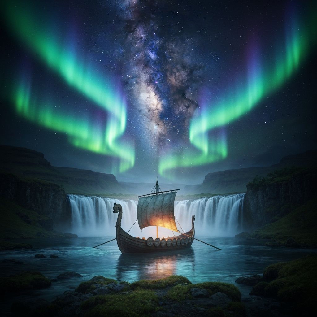 Mystical Aurora Borealis Over Viking Waterfall Landscape