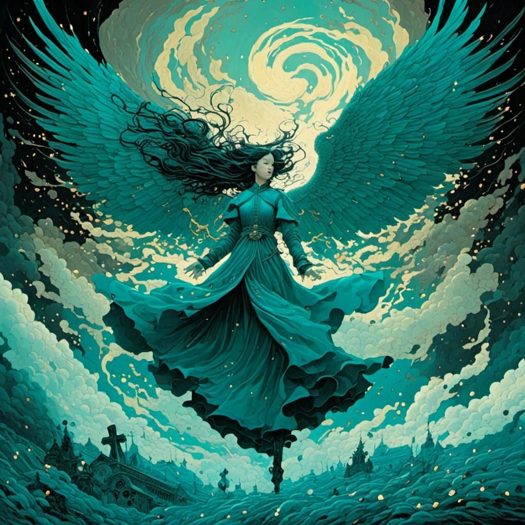 Black Angel in Teal Storm, Dark Fantasy Style