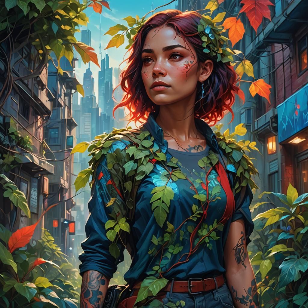 Eco-Activist in Recycled Cityscape: Vibrant Oil Painting