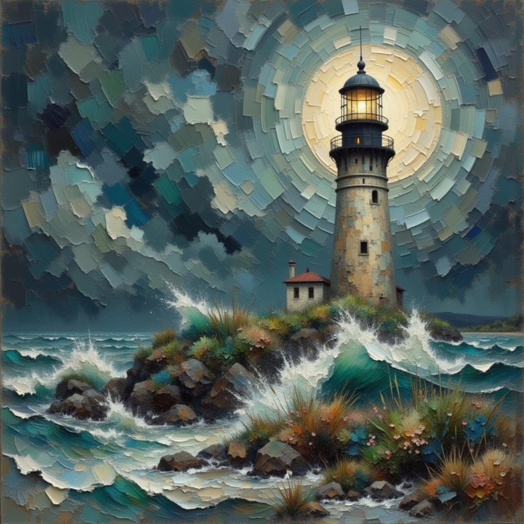 Lighthouse Under Moonlight: Dramatic Digital Landscape