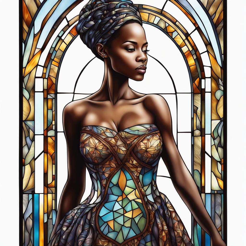 Stained Glass Dress on Beautiful Woman: Hyperrealistic