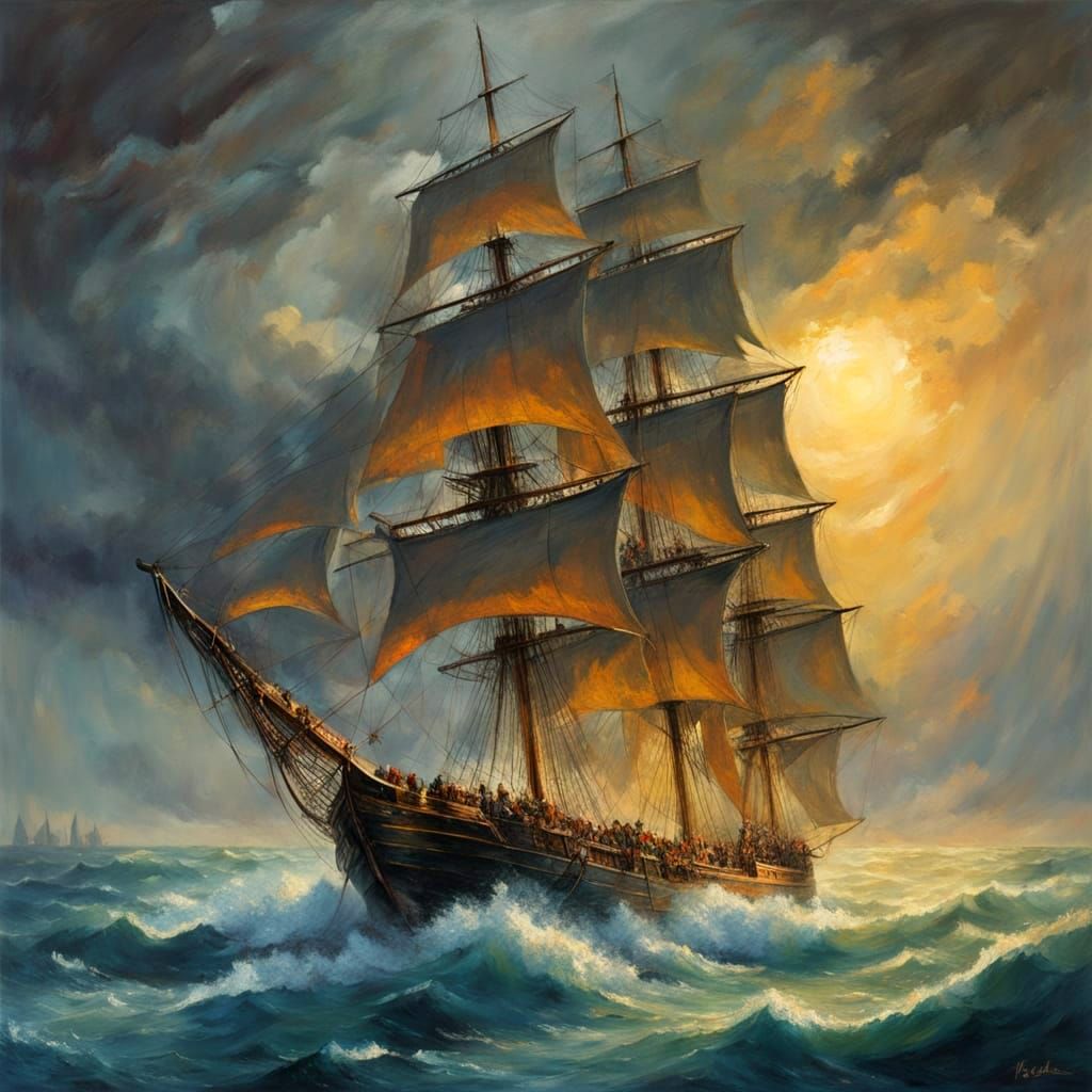 Majestic Sailing Ship Rides Stormy Waves in Golden Light