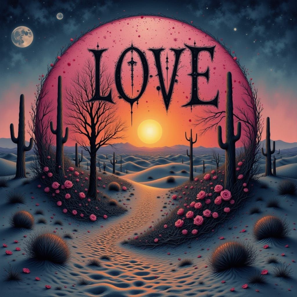 Love is Weird Gothic Text in Desert Twilight