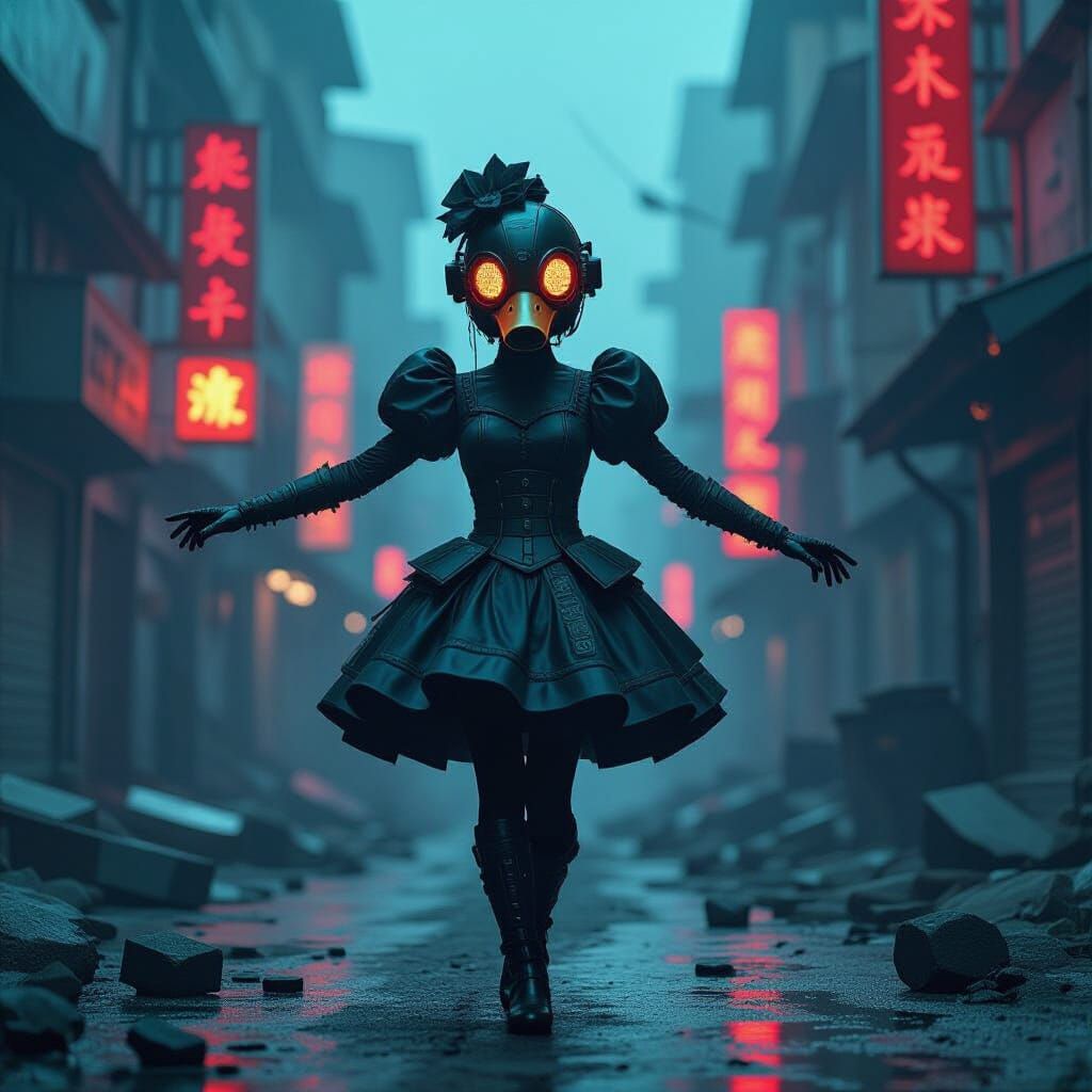 Cyborg Woman Dances in Ruins with Duckling Mask