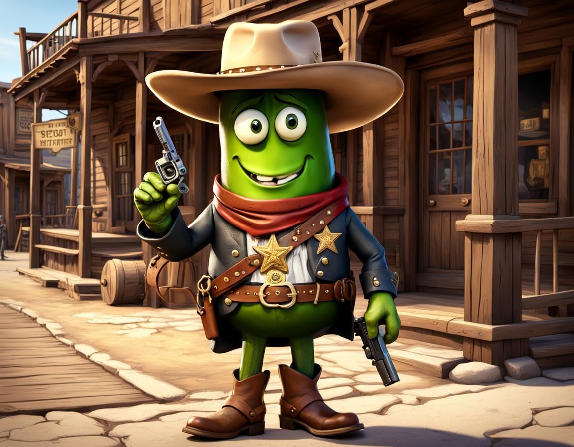 Cartoon Pickle Cowboy in Old West Town