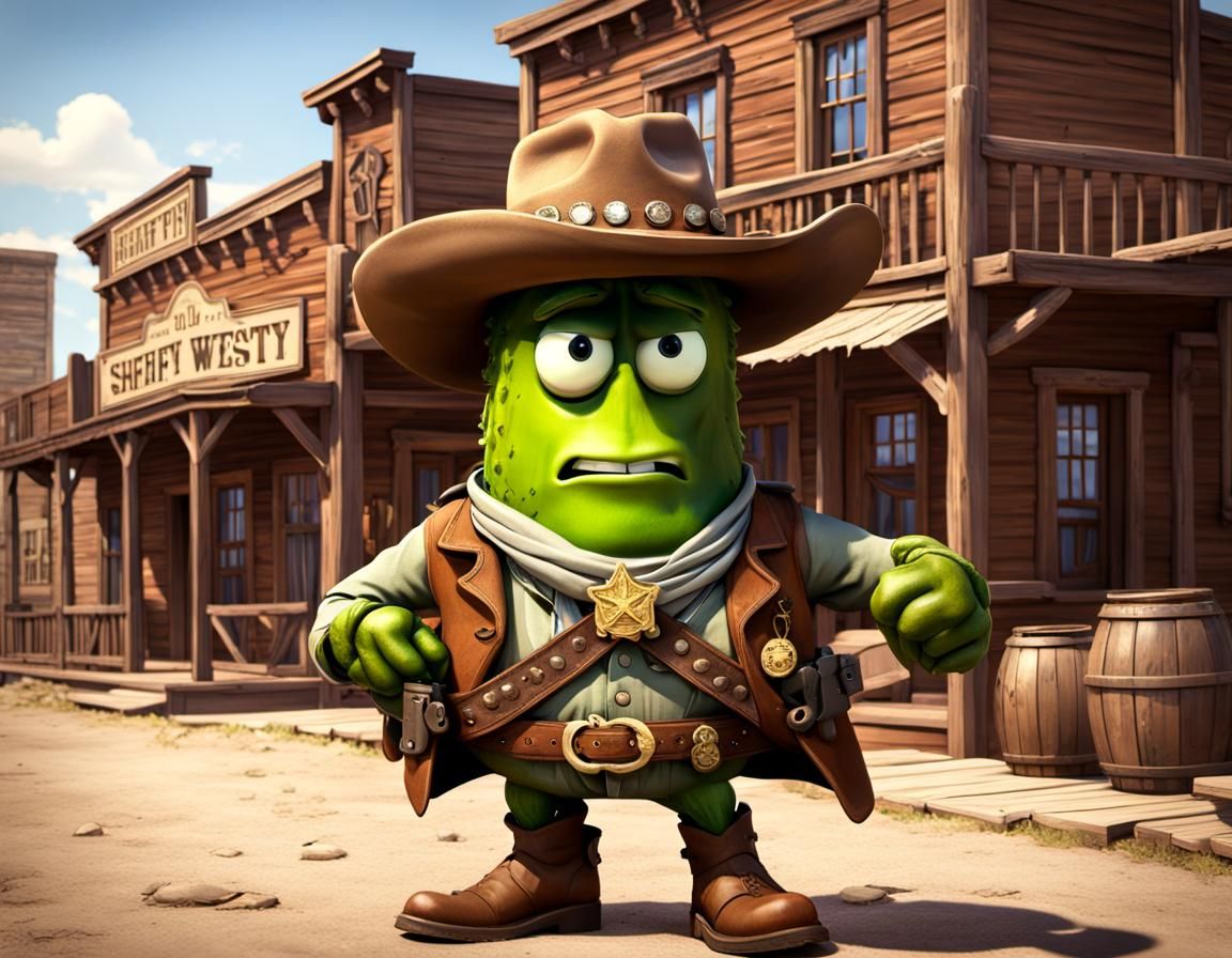 Cartoon Pickle Cowboy in Old West Town