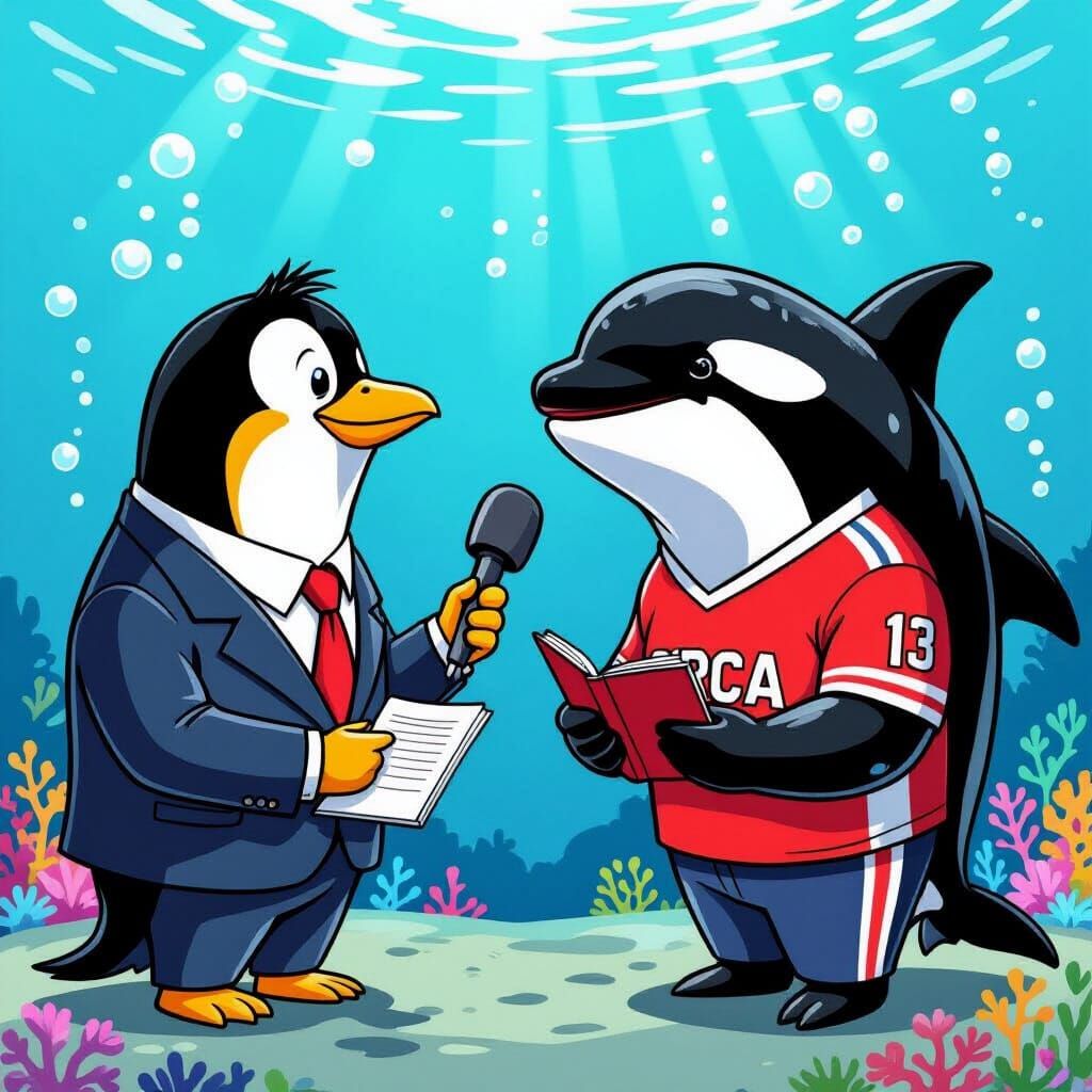 Penguin Journalist Interviews Orca in Cartoon Style