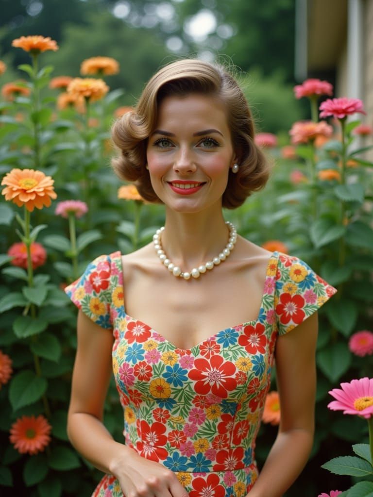 Woman in Floral Dress in Vintage Garden Setting