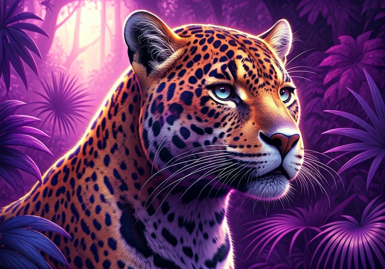 Regal Purple Jaguar in Lush Rainforest Landscape