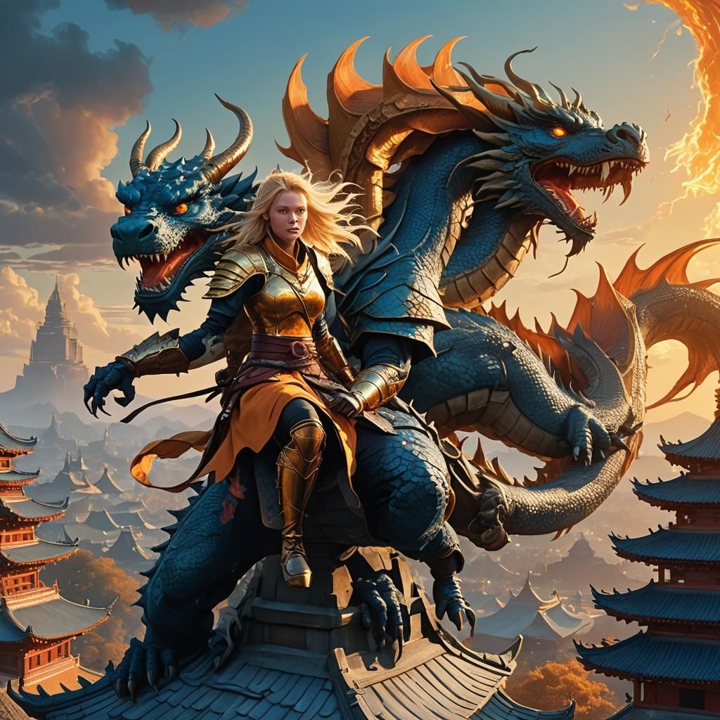 Dragon Rider Battle on Pagoda, Digital Matte Painting