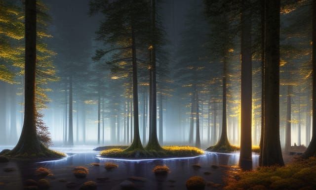 Mystical Forest with Fireflies and Rain at Night