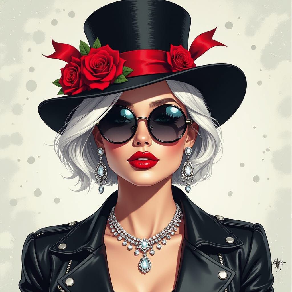 Pop Art Woman with Top Hat in Charcoal Drawing Style