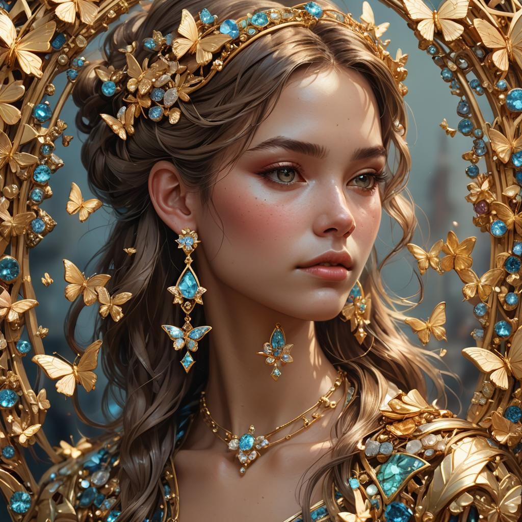 Gold Butterfly Earrings Portrait in Art Nouveau Style