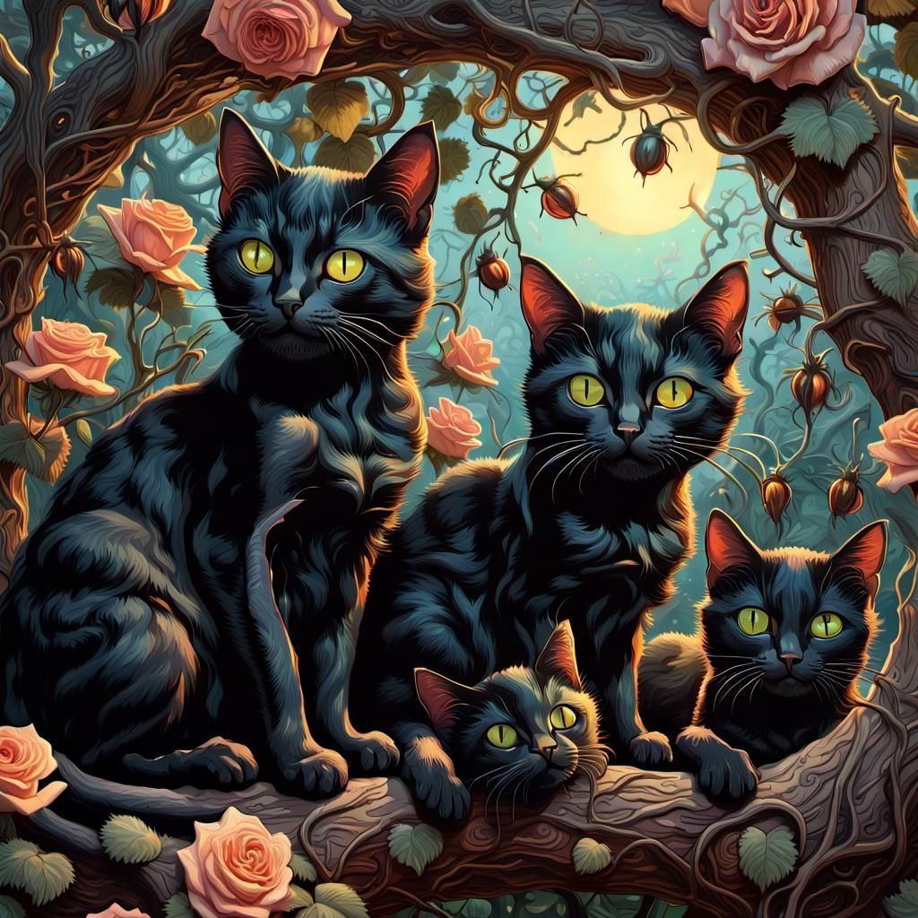 Maximalist Black Cats in Rose Tree