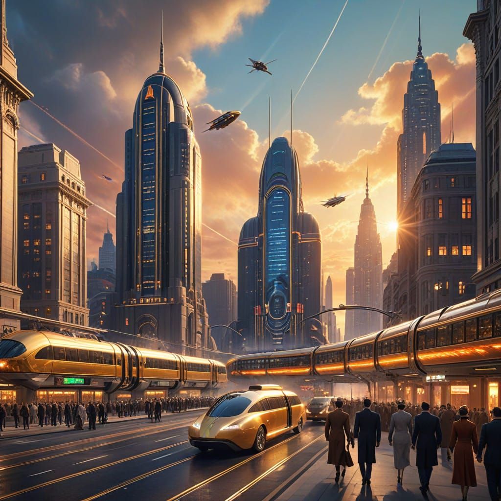Futuristic Art Deco Cityscape of 2025 Envisioned in the Roar...
