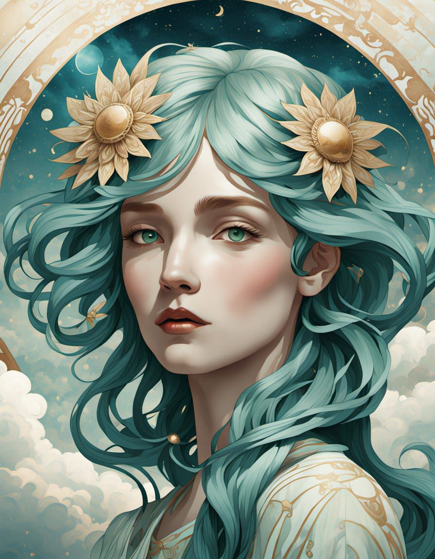 Art Deco Woman with Teal Hair and Celestial Markings