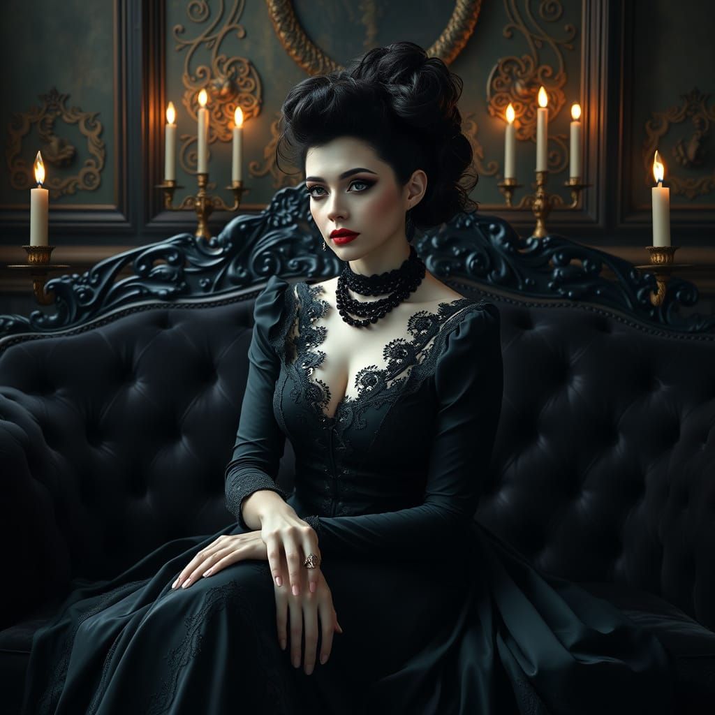 Goth Woman in Victorian-Style Dress Contemplates in Mysterio...