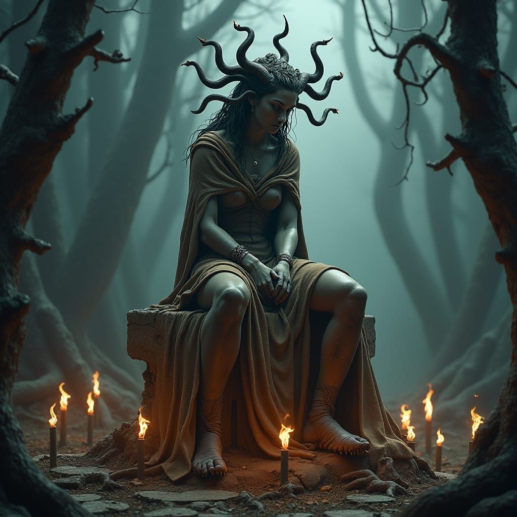 Medusa in Dark Fantasy Forest, Matte Painting