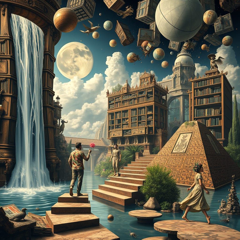 Surreal Floating Library Inspired by Bosch in Expressionist ...