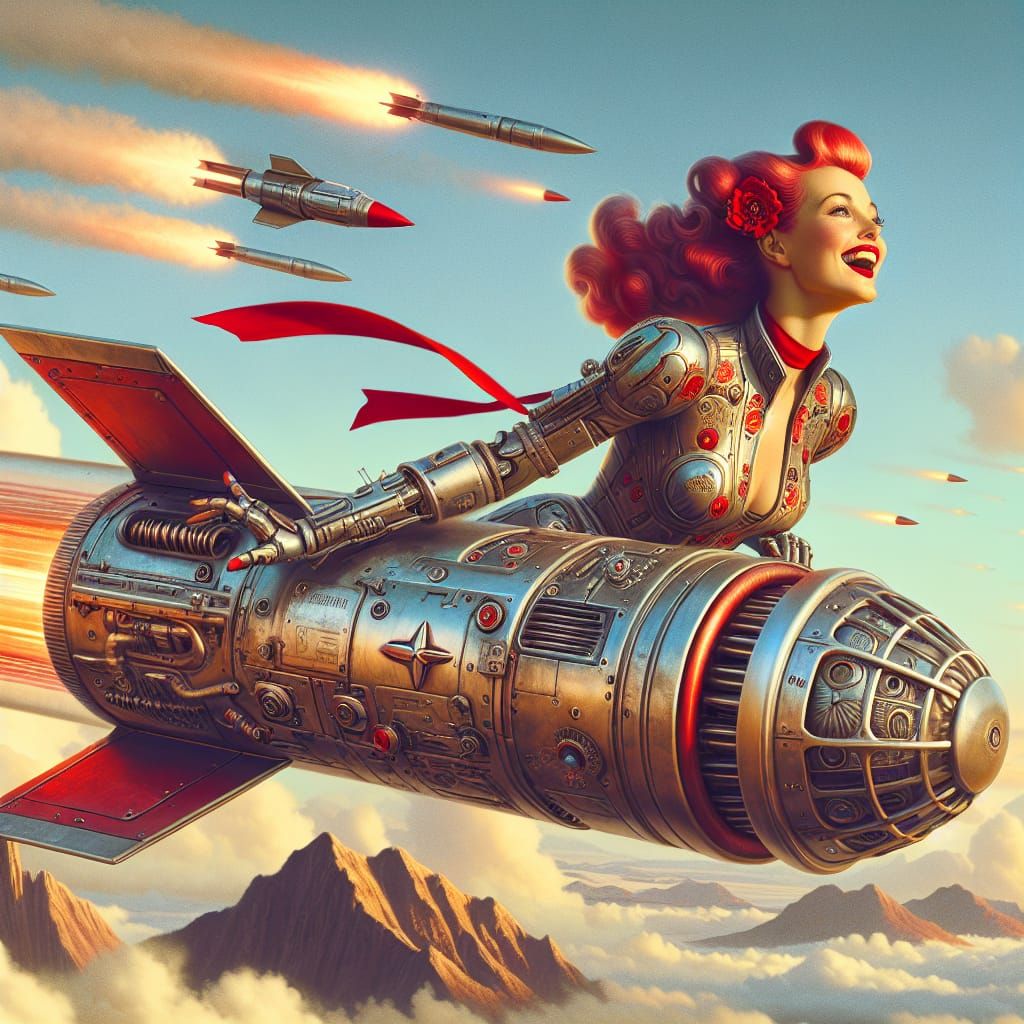 Redhead Rides Missile: 60s Pin-Up in Sci-Fi Armor