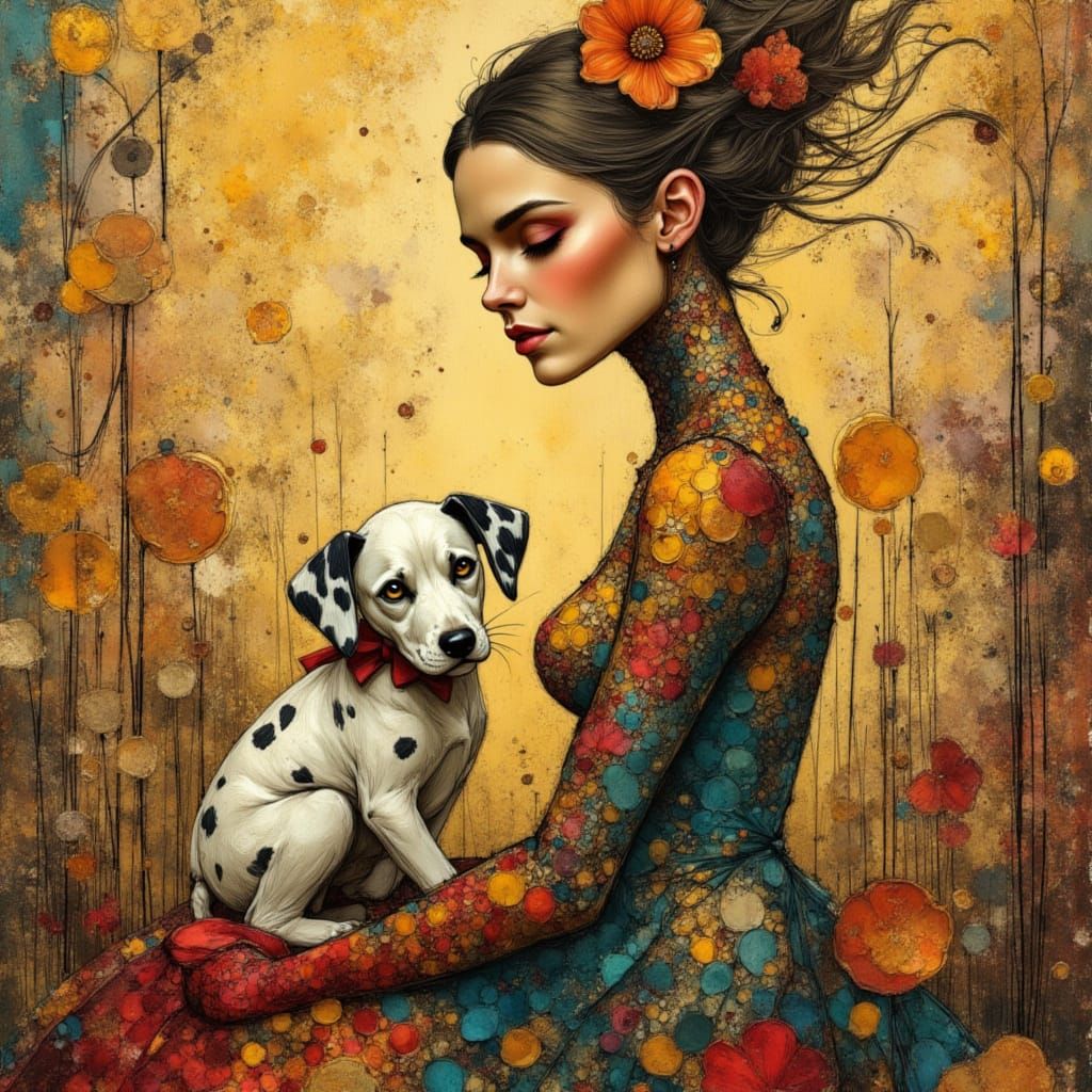 Renaissance Android Portrait with Polka Dots and Puppy
