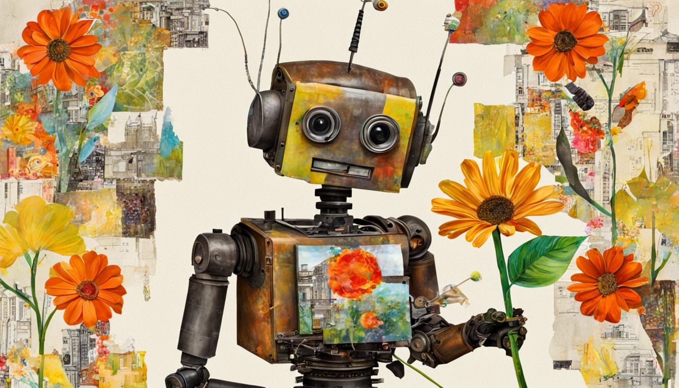 Child Offers Flower to Scrap Robot in Mixed Media Collage