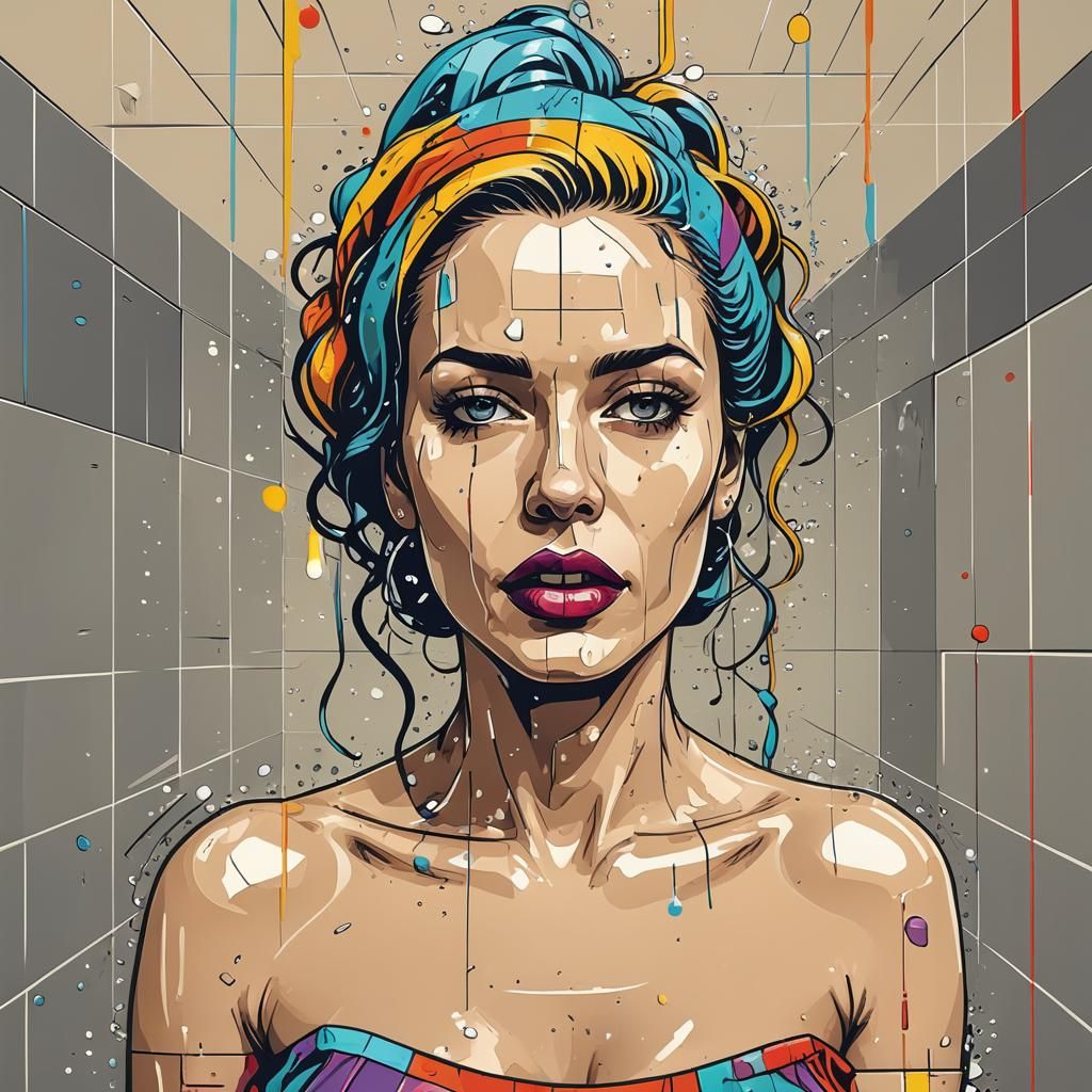 Pop Art Woman in Shower: Vector Style