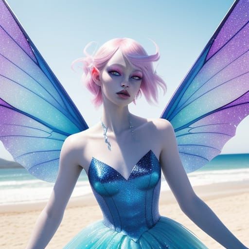 Whimsical Vampire Runs on Beach with Fae Wings in Candy Art ...