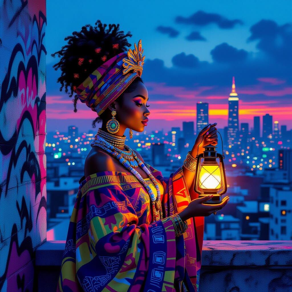 Neon City Queen in Afrofuturistic Style