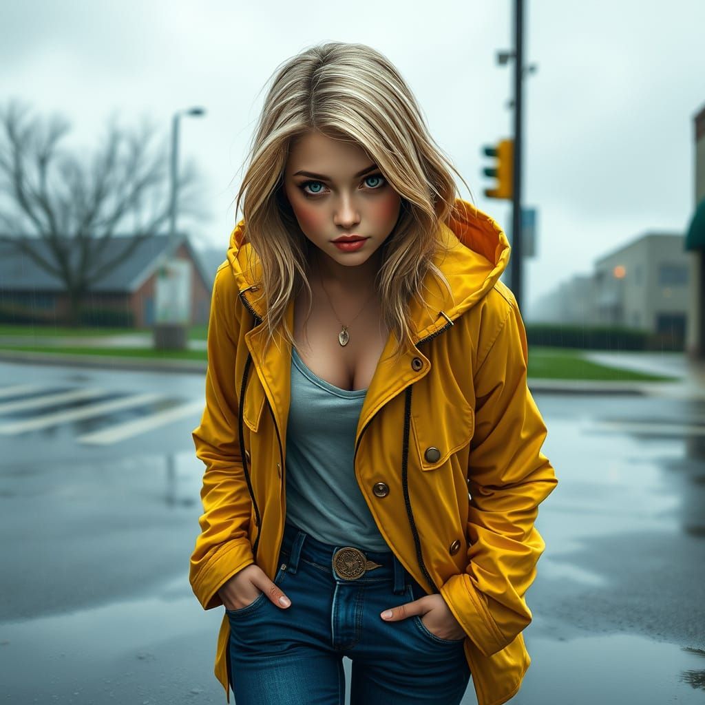 Gwen Stacy in Yellow Raincoat on Rainy Day