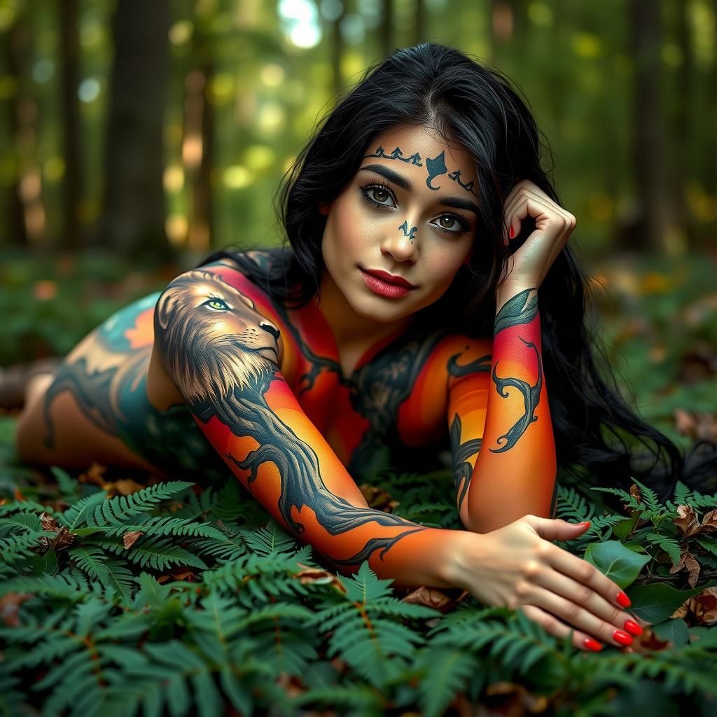 Woman in Body Paint on Forest Floor